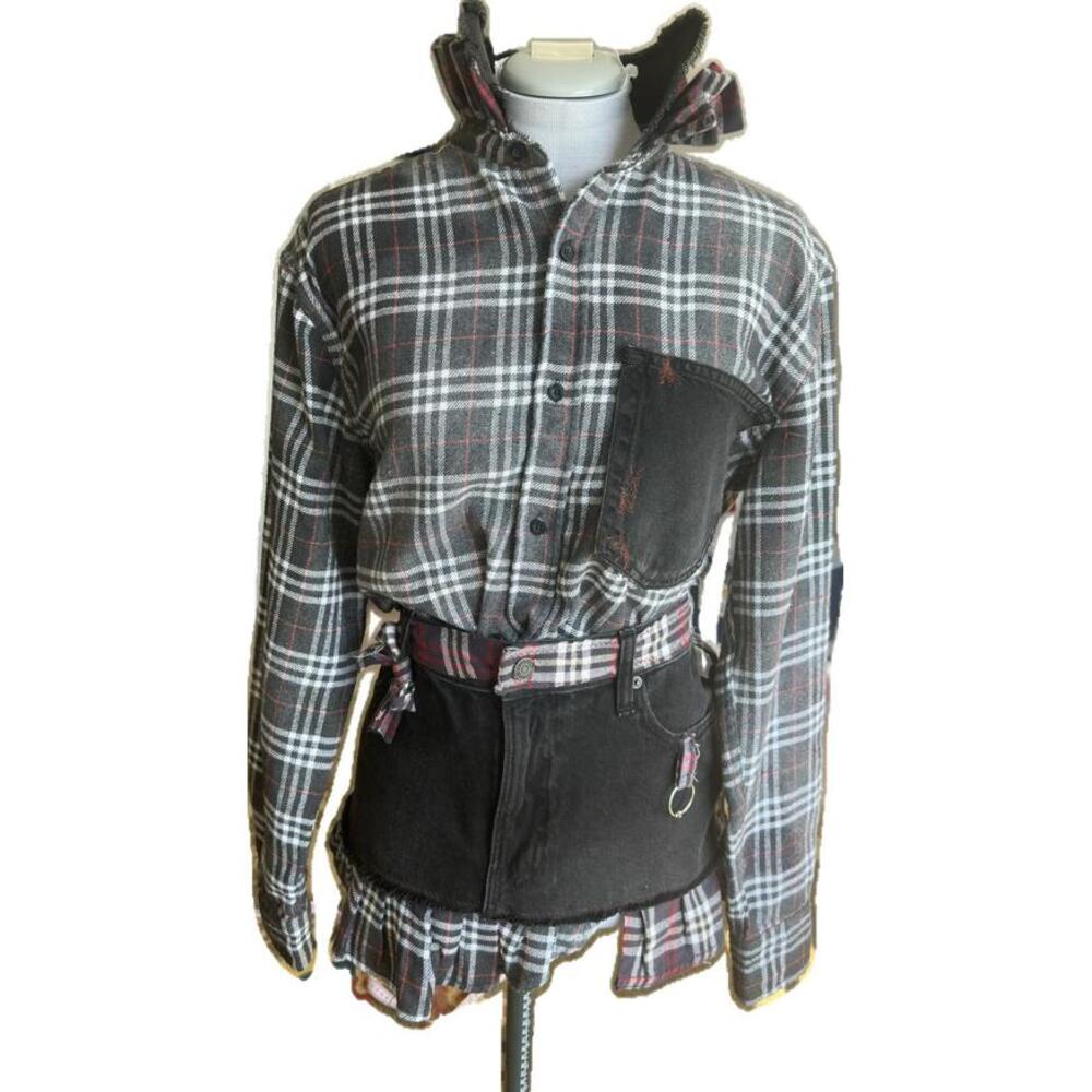 Handmade Upcycled Cropped Flannel Denim & Plaid Ruffled Collar One-of-a-Kind π€β€οΈ - Picture 5 of 13